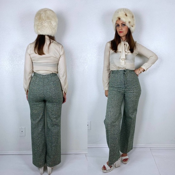 vintage 70s Green TWEED SPECKLED TROUSERS 26 wide leg trousers flares bellbottom - Picture 10 of 10